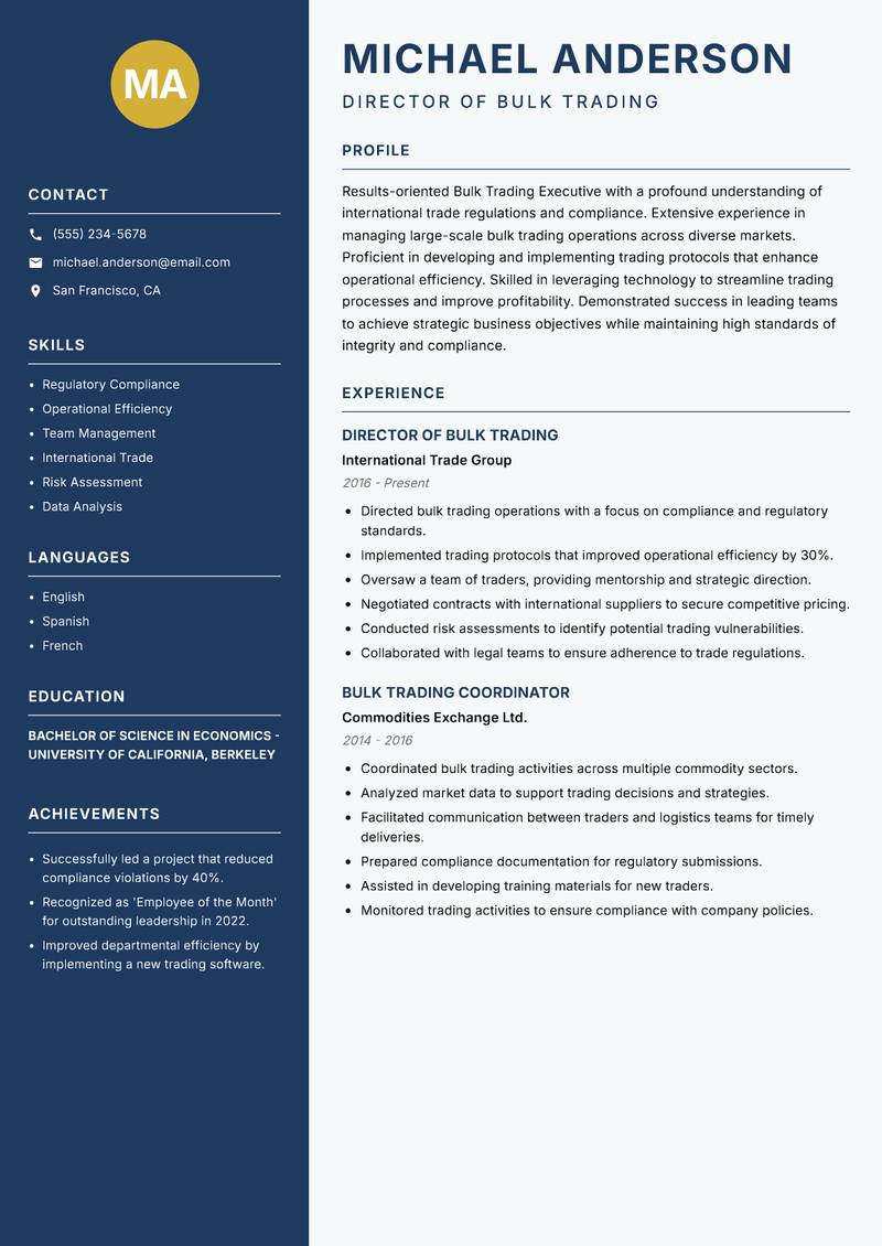 Bulk Trading Executive resume template — Classic Clean