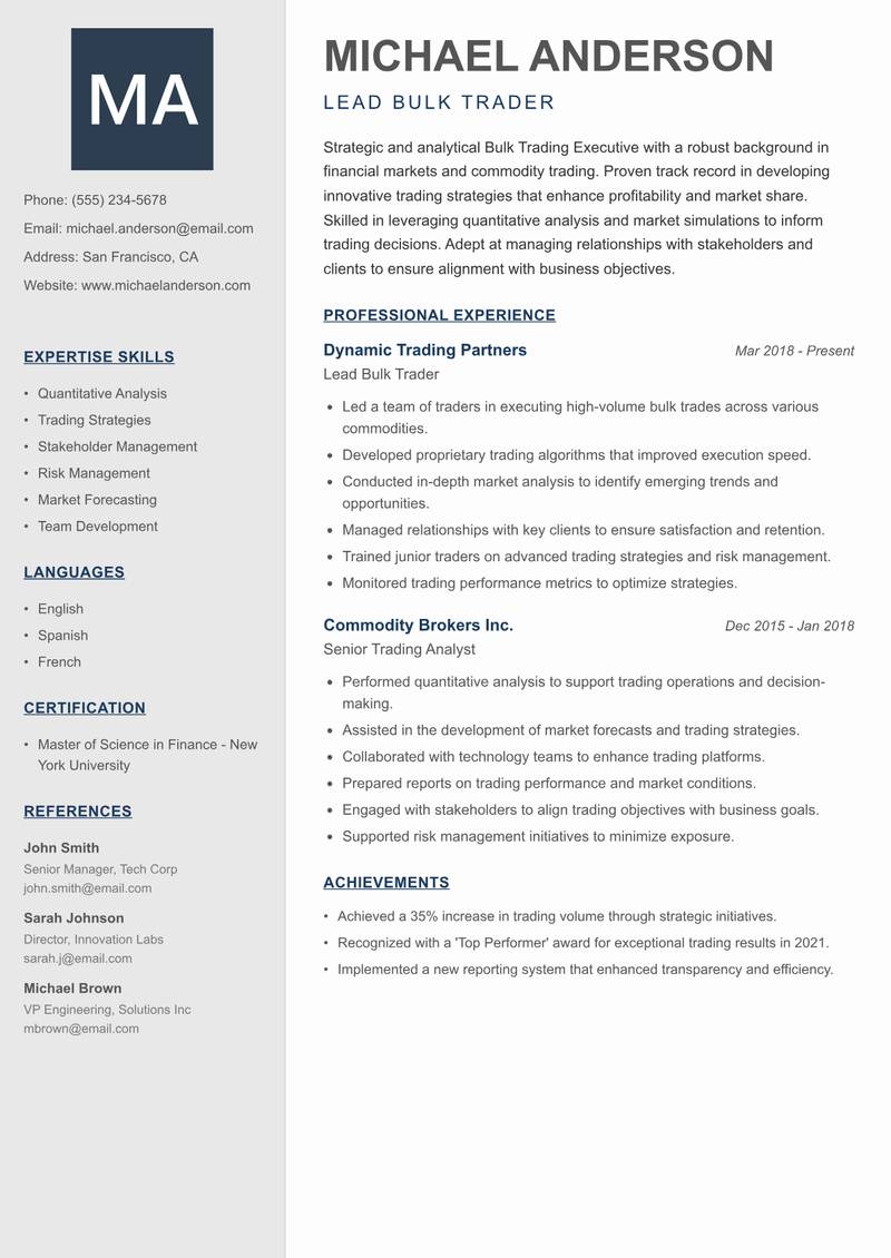 Bulk Trading Executive resume template — Creative Minimal