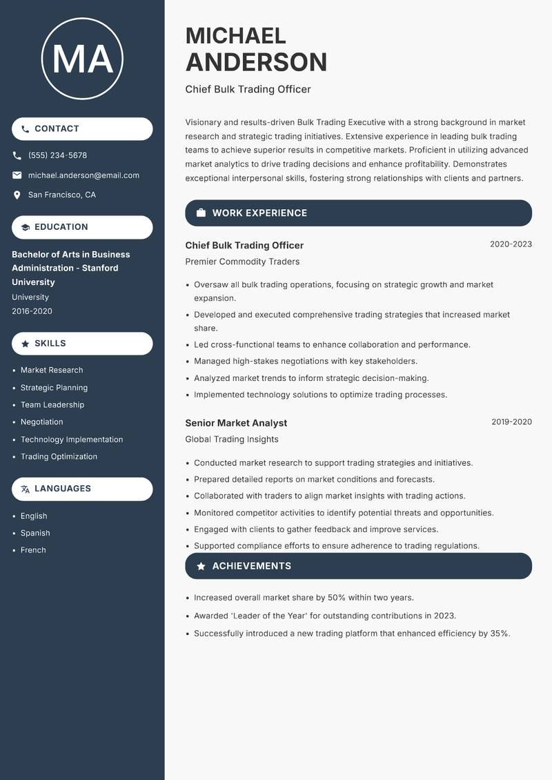 Bulk Trading Executive resume template — Compact