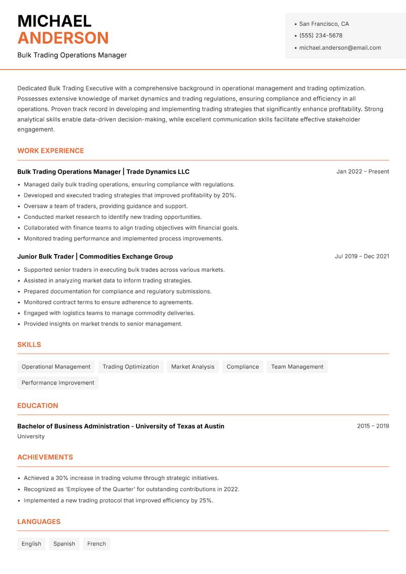 Bulk Trading Executive resume template — Modern Professional