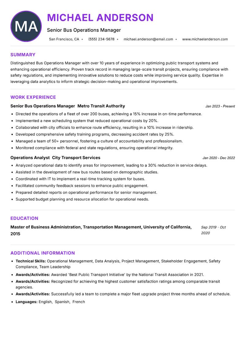 Bus Operations Manager resume example — Transportation