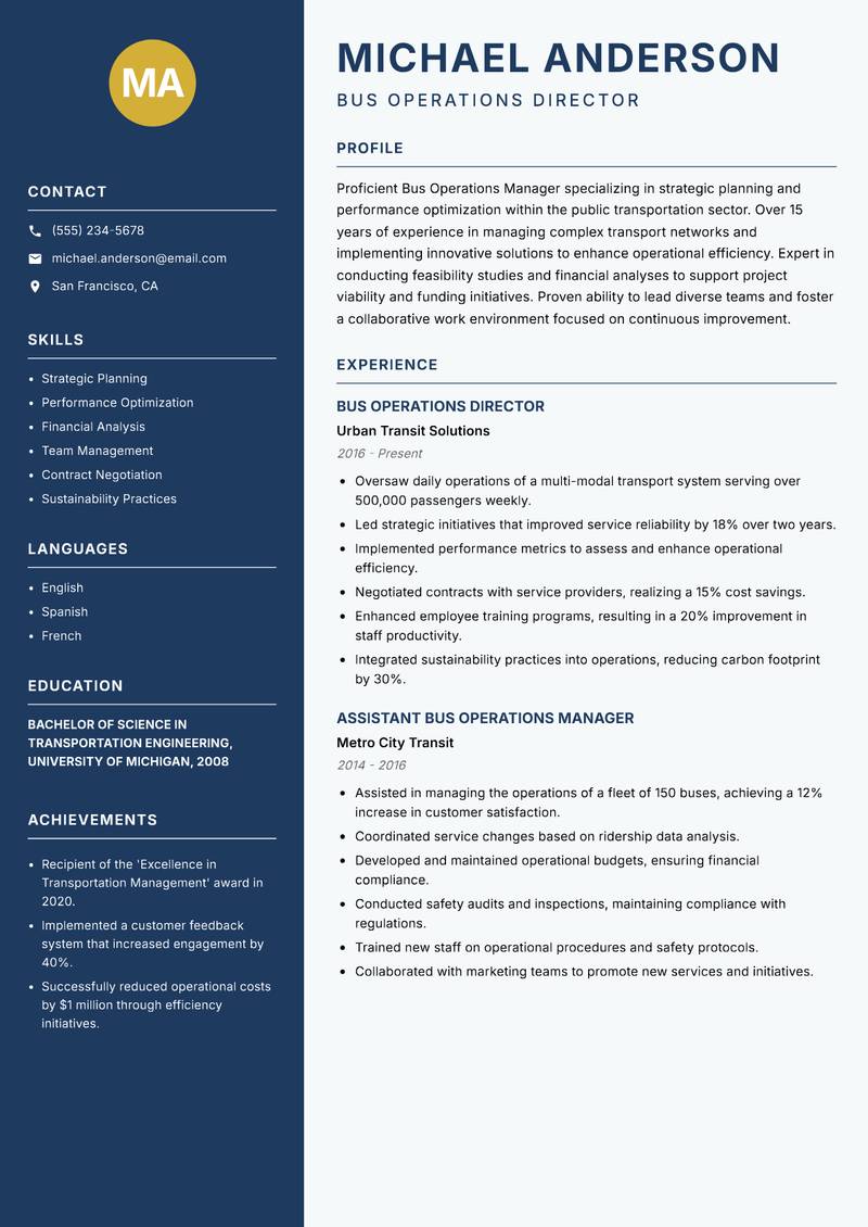 Bus Operations Manager resume template — Classic Clean