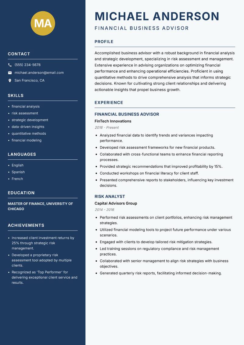 Business Advisor Analysis resume template — Classic Clean