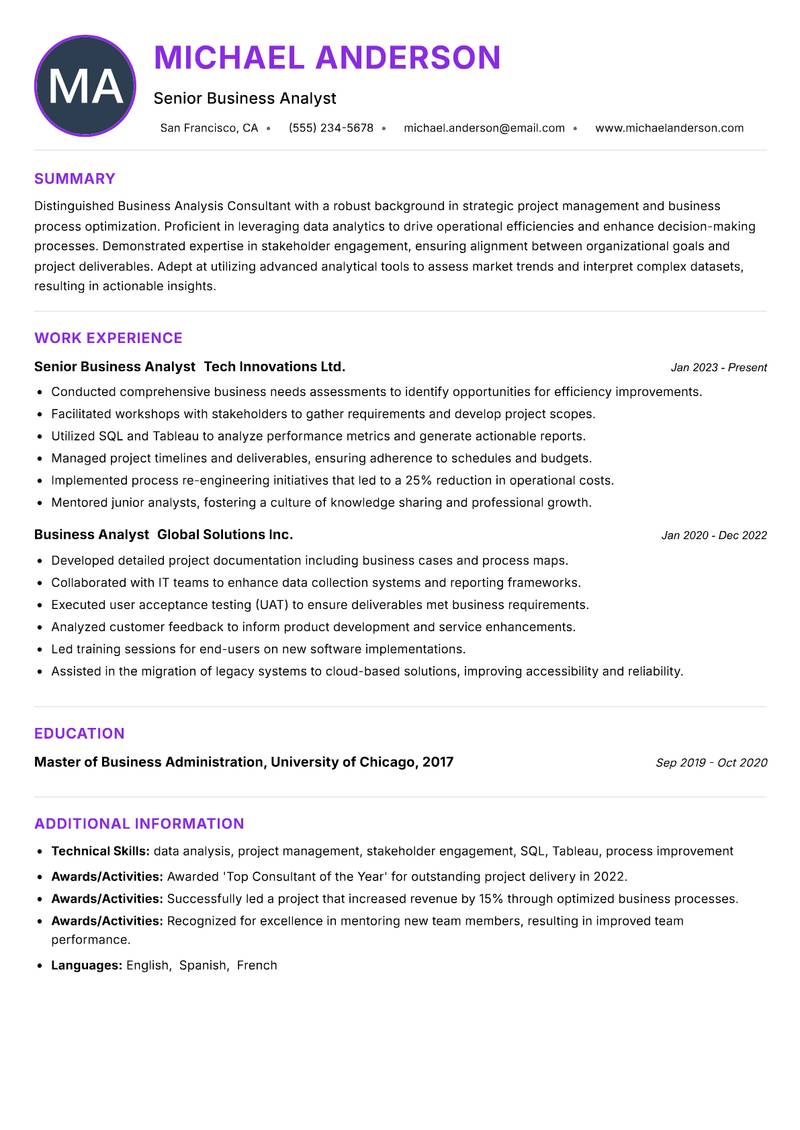 Business Analysis Consultant resume example — ATS-friendly template