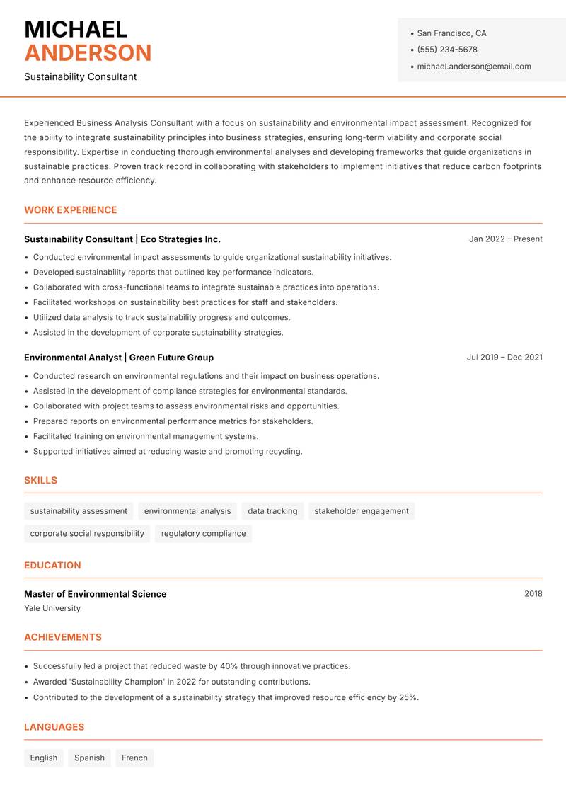 Business Analysis Consultant resume template — Modern Professional
