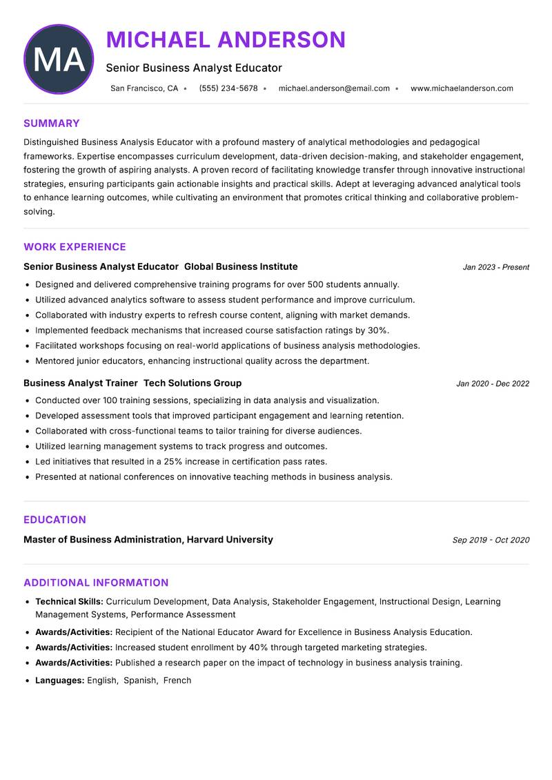 Business Analysis Educator resume example — ATS-friendly template
