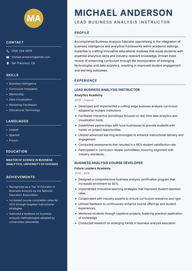 Business Analysis Educator resume template — Classic Clean