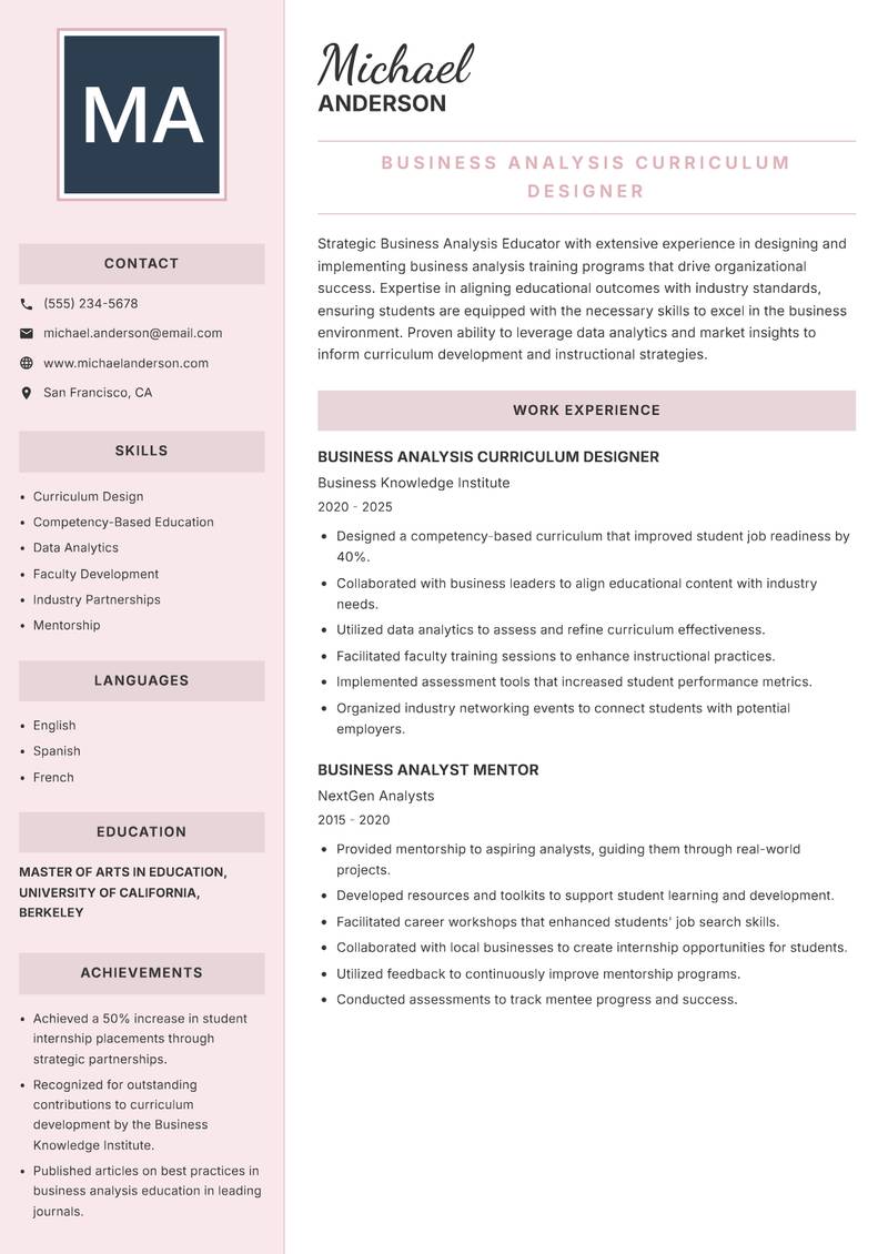 Business Analysis Educator resume template — Executive