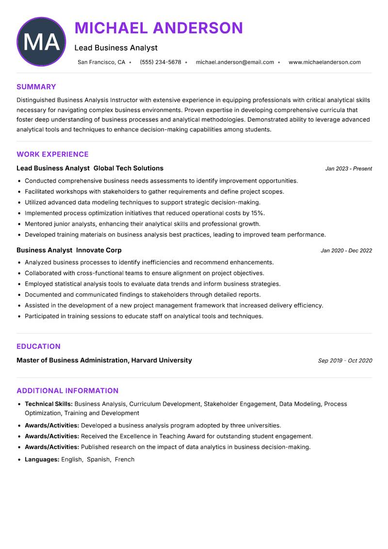 Business Analysis Instructor resume example — ATS-friendly template