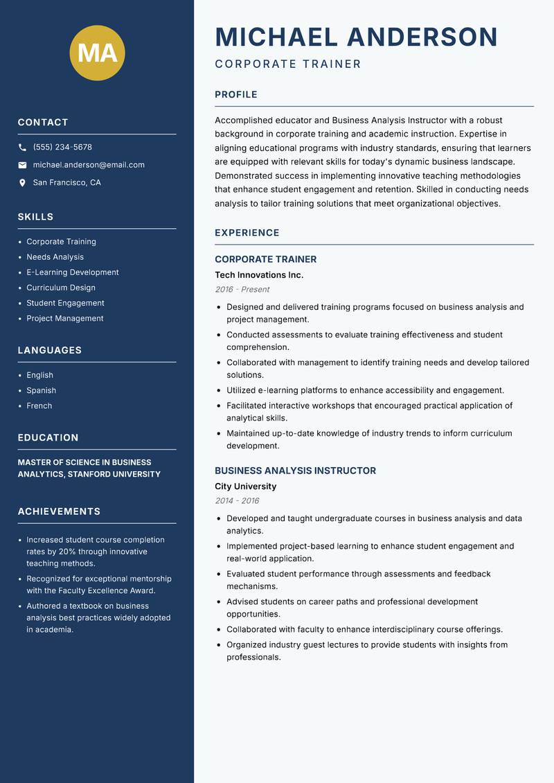Business Analysis Instructor resume template — Classic Clean