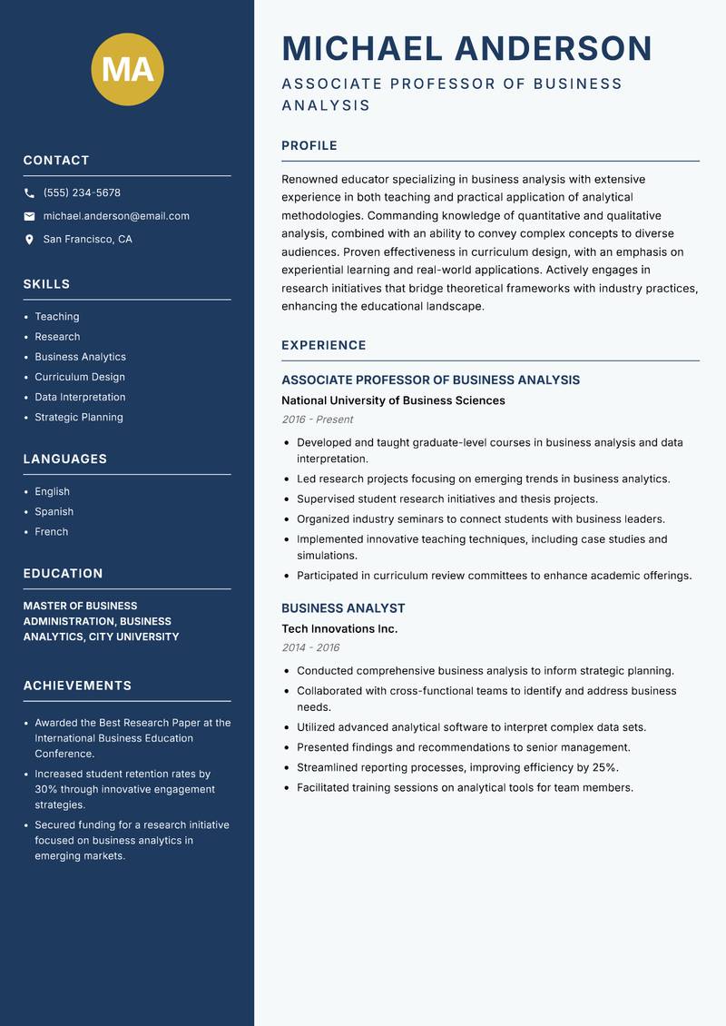 Business Analysis Lecturer resume template — Classic Clean