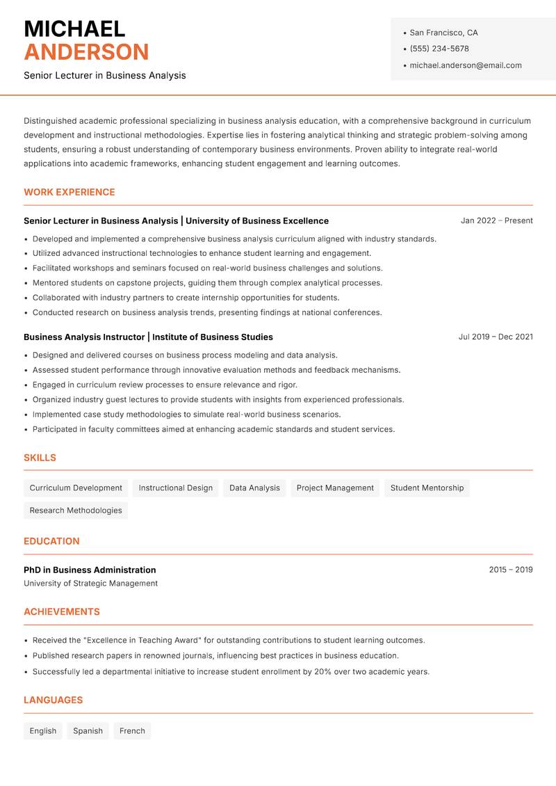 Business Analysis Lecturer resume template — Modern Professional