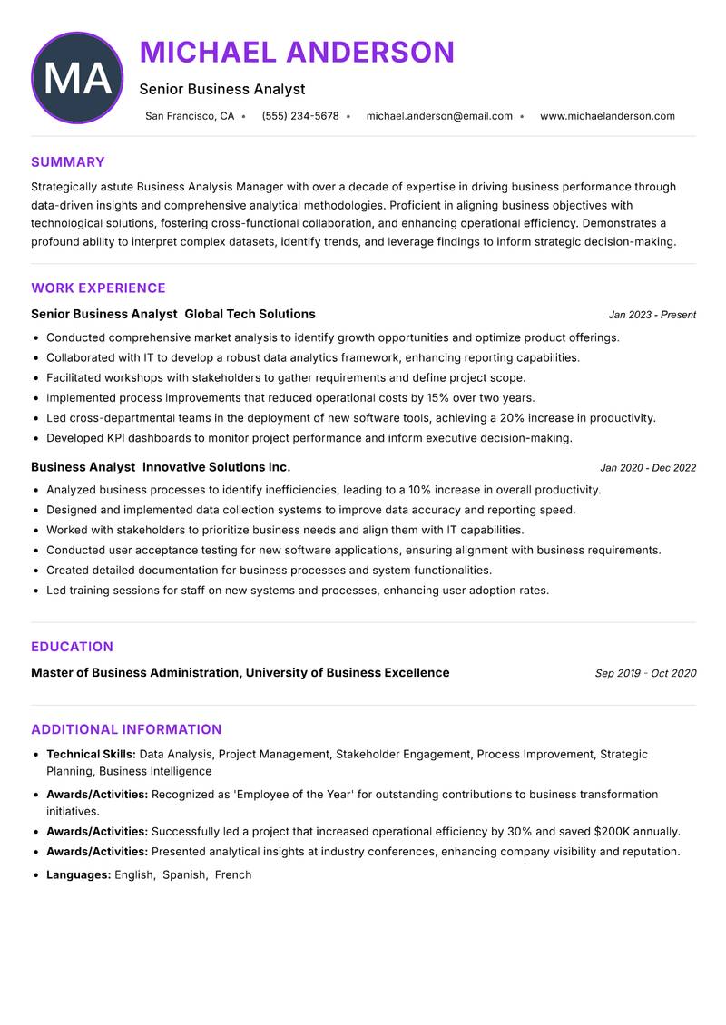 Business Analysis Manager resume example — ATS-friendly template