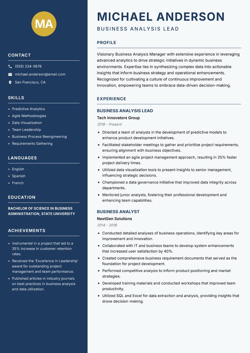 Business Analysis Manager resume template — Classic Clean