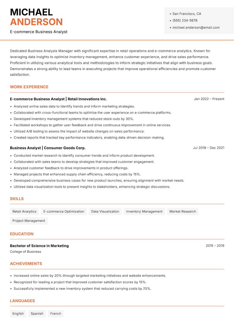 Business Analysis Manager resume template — Modern Professional