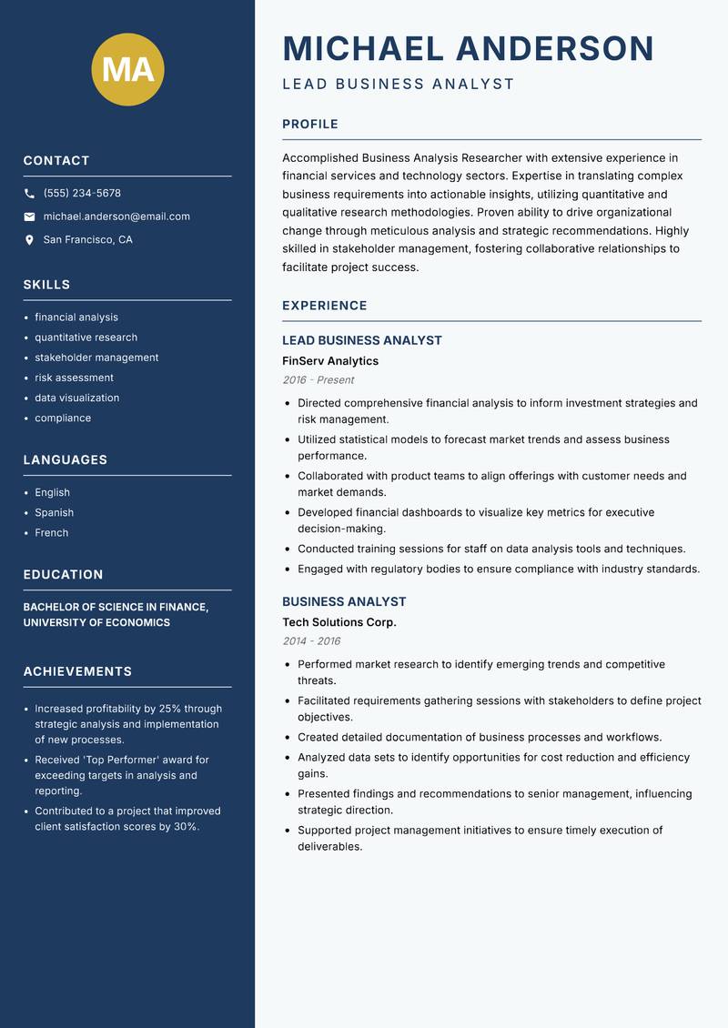 Business Analysis Researcher resume template — Classic Clean