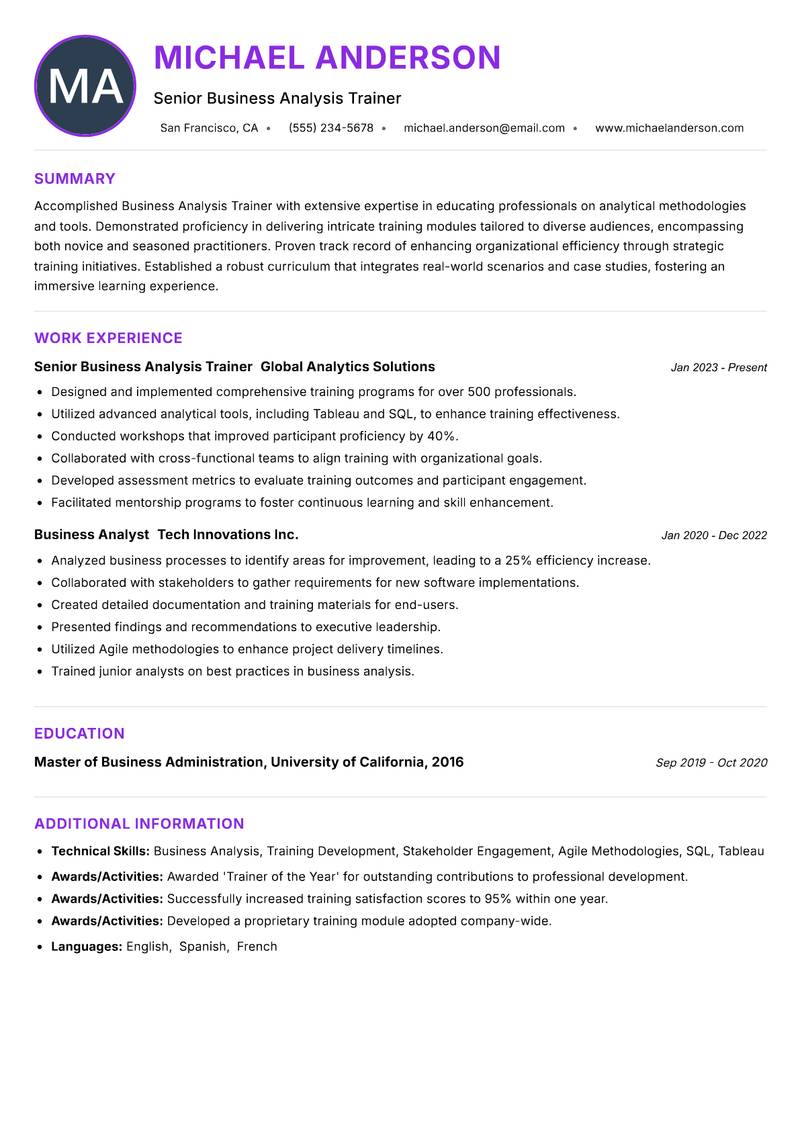 Business Analysis Trainer resume example — ATS-friendly template