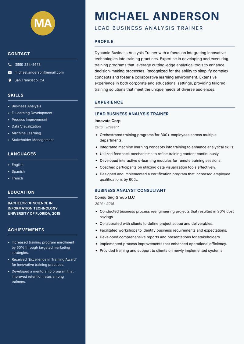 Business Analysis Trainer resume template — Classic Clean