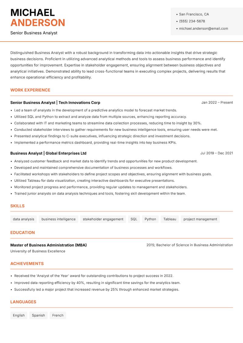 Business Analyst resume template — Modern Professional
