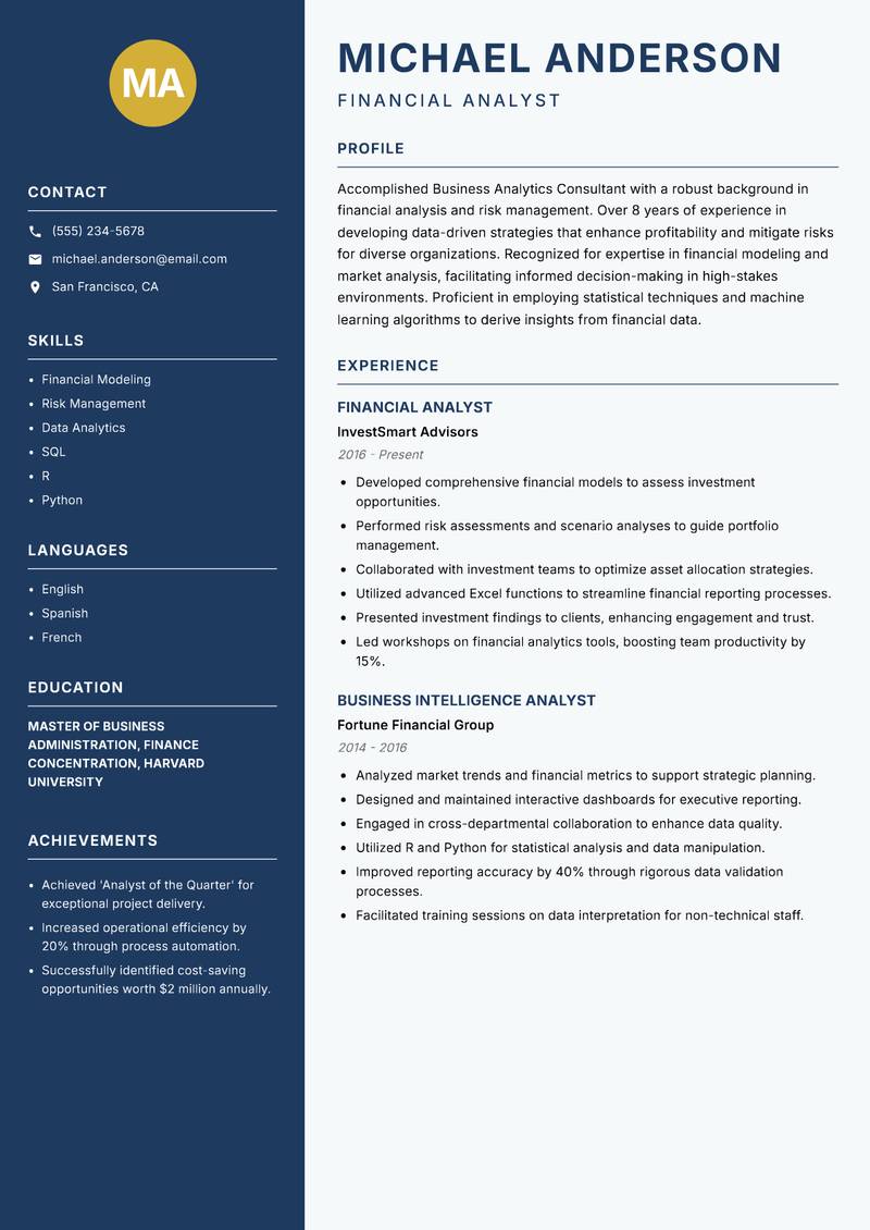 Business Analytics Consultant resume template — Classic Clean