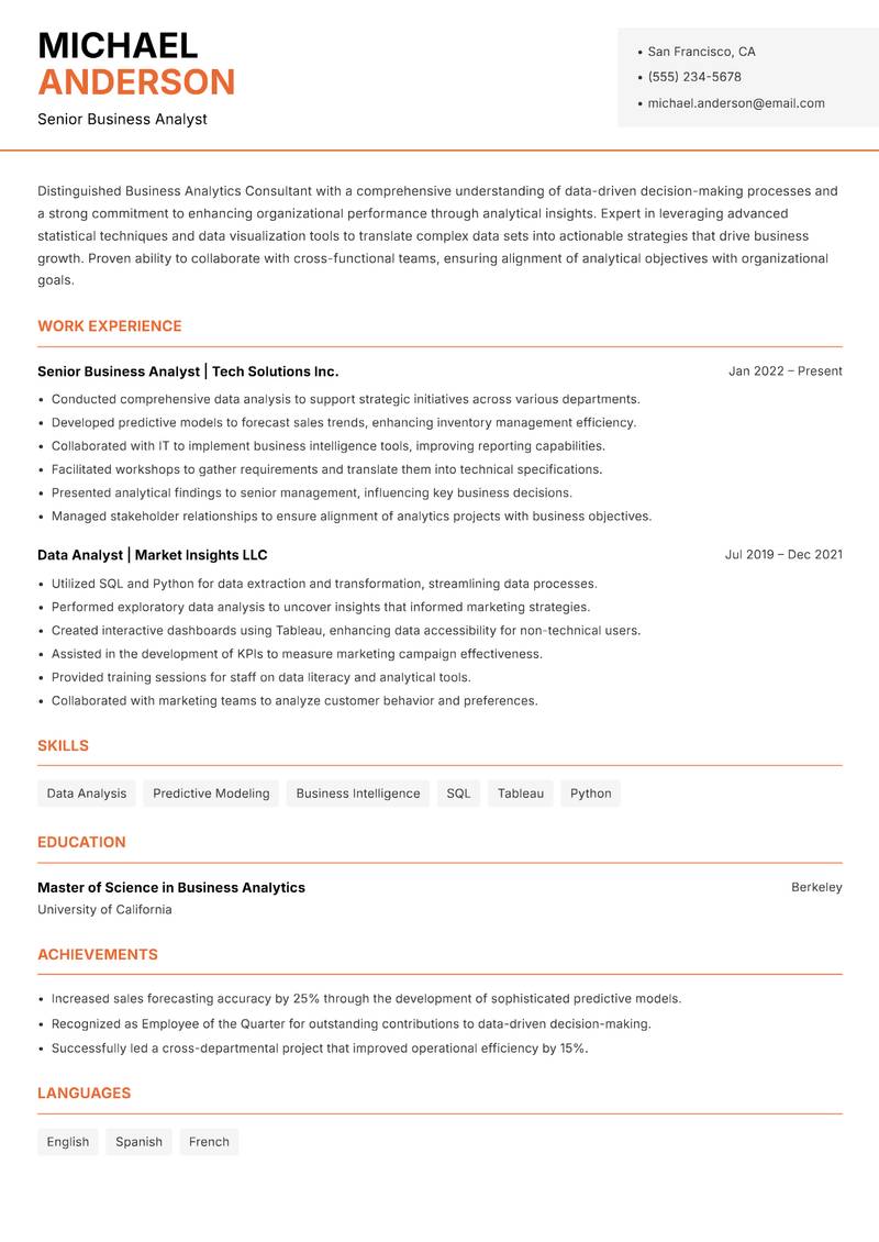 Business Analytics Consultant resume template — Modern Professional