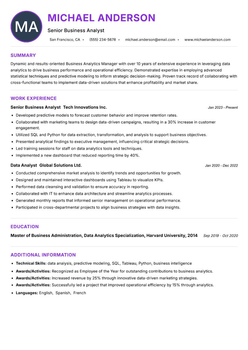 Business Analytics Manager resume example — ATS-friendly template