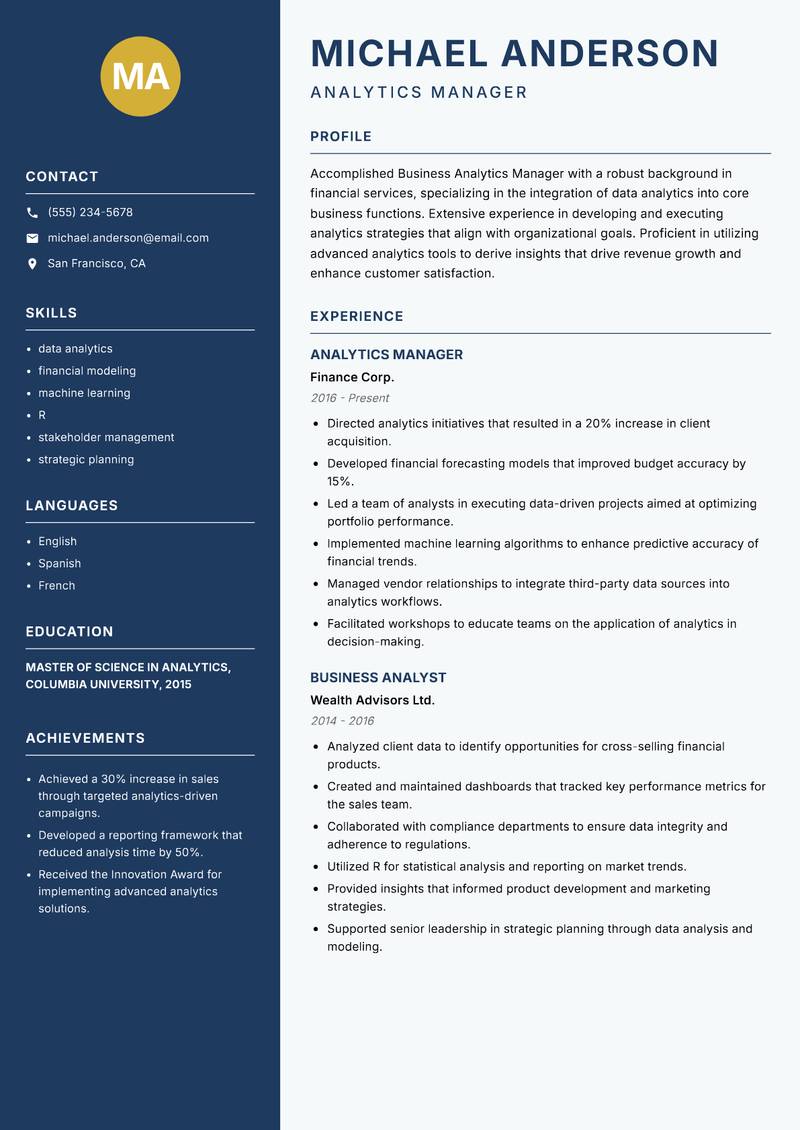 Business Analytics Manager resume template — Classic Clean