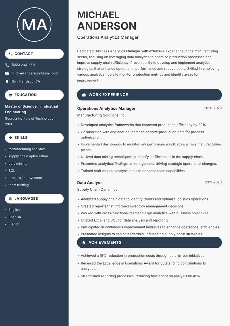 Business Analytics Manager resume template — Compact