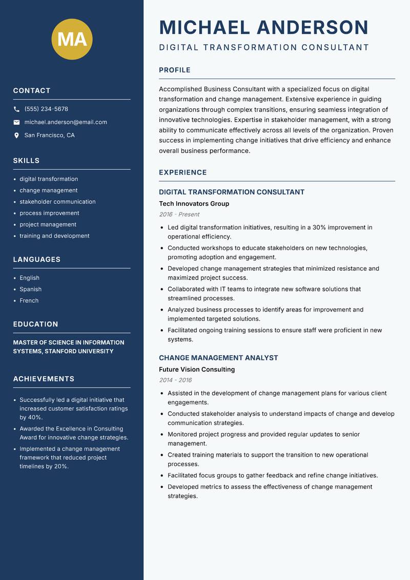 Business Consultant resume template — Classic Clean