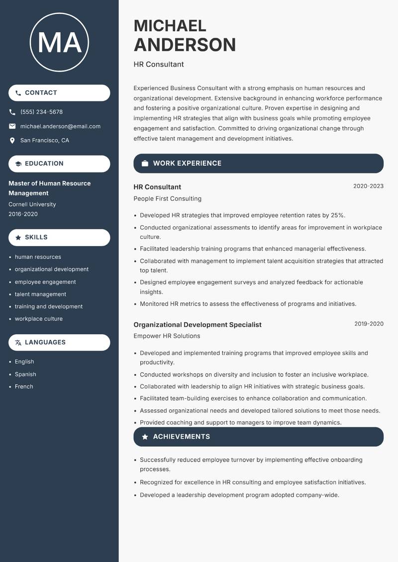 Business Consultant resume template — Compact