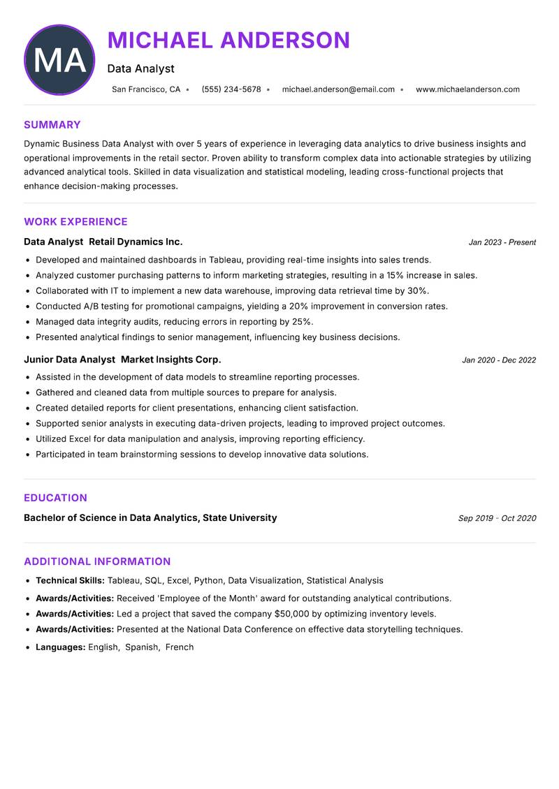 Business Data Analyst resume example — ATS-friendly template