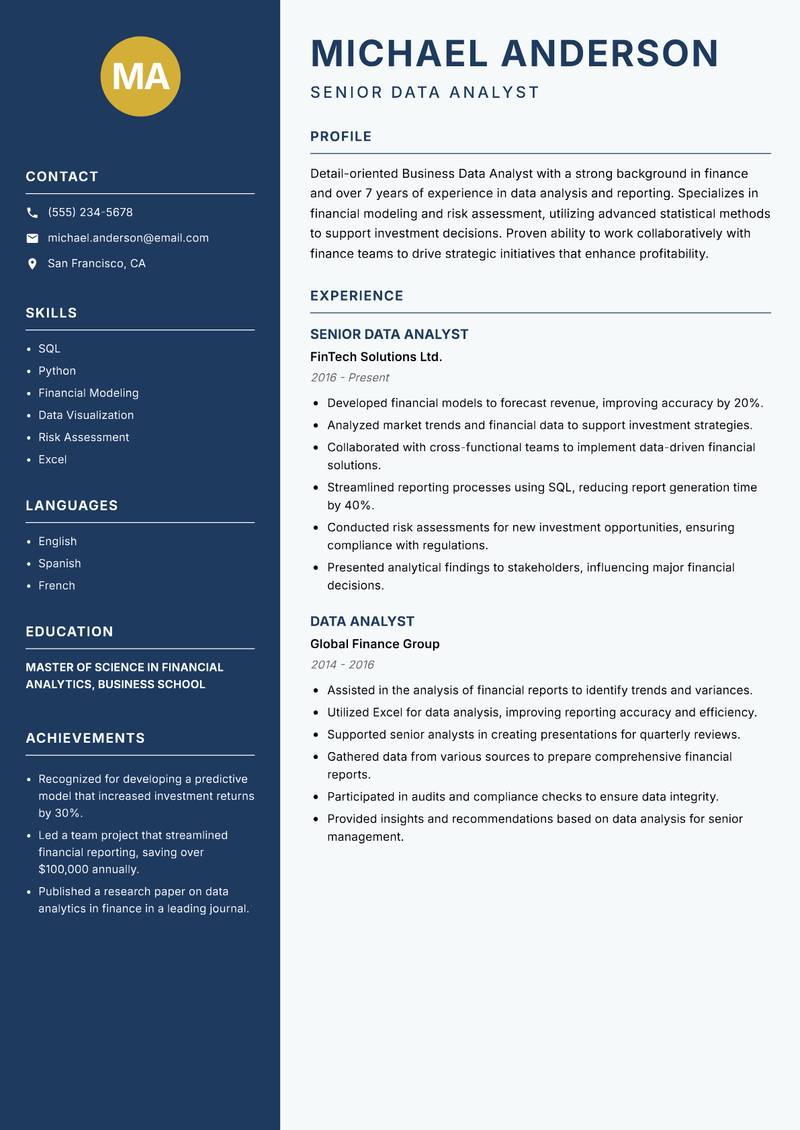 Business Data Analyst resume template — Classic Clean