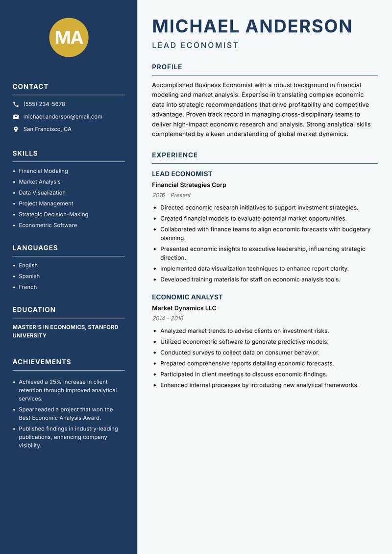Business Economist resume template — Classic Clean
