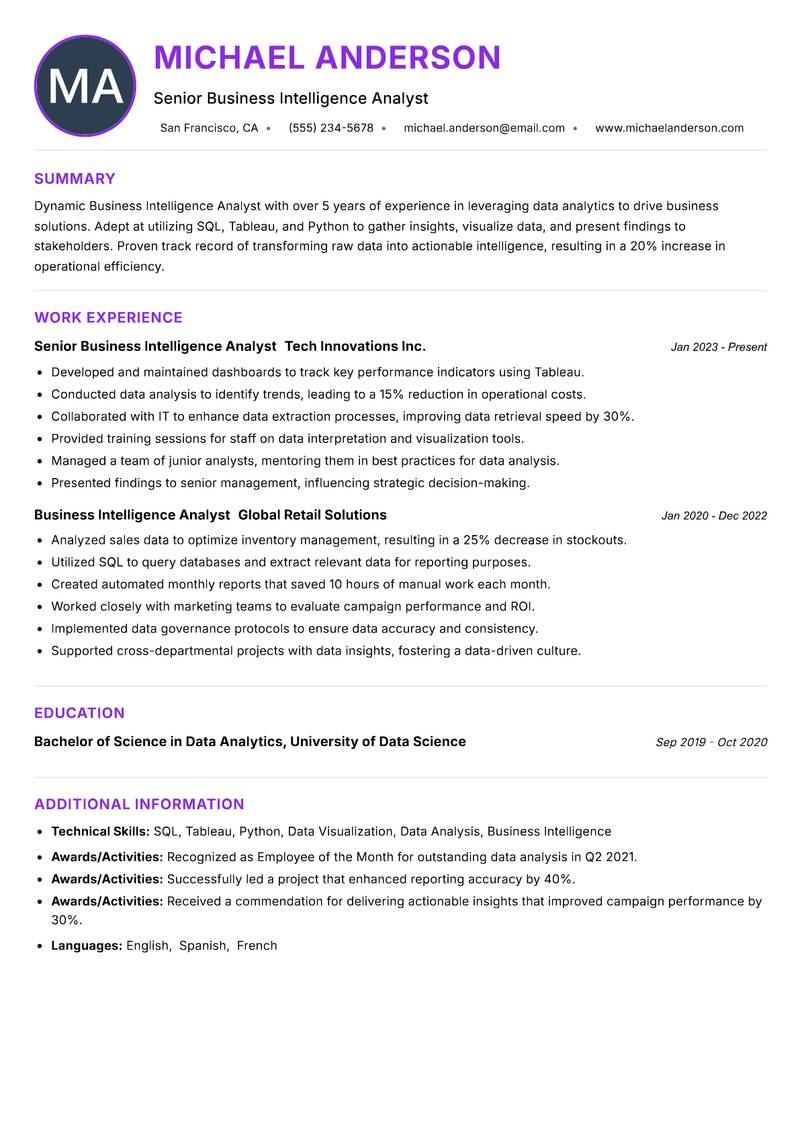 Business Intelligence Analyst resume example — ATS-friendly template