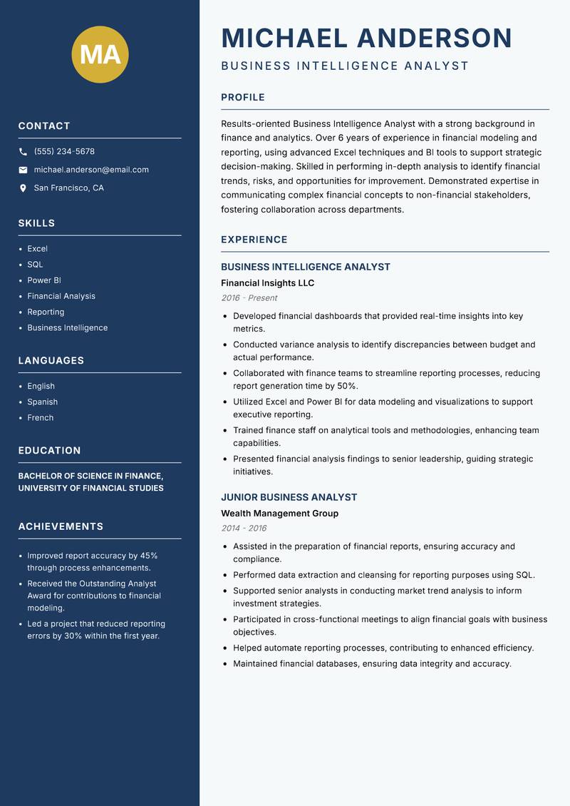Business Intelligence Analyst resume template — Classic Clean