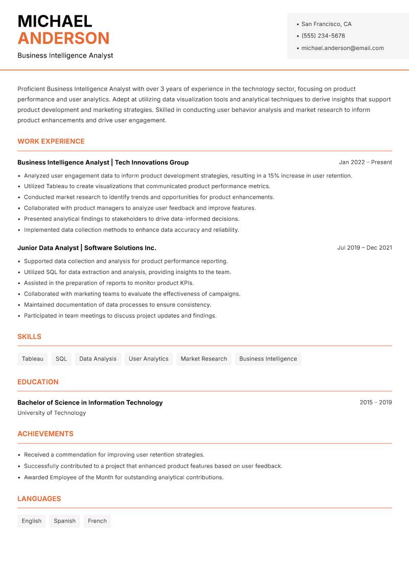 Business Intelligence Analyst resume template — Modern Professional