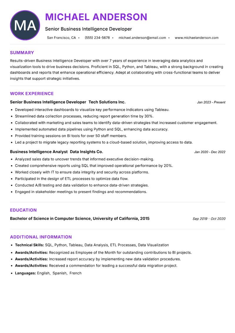 Business Intelligence Developer resume example — ATS-friendly template
