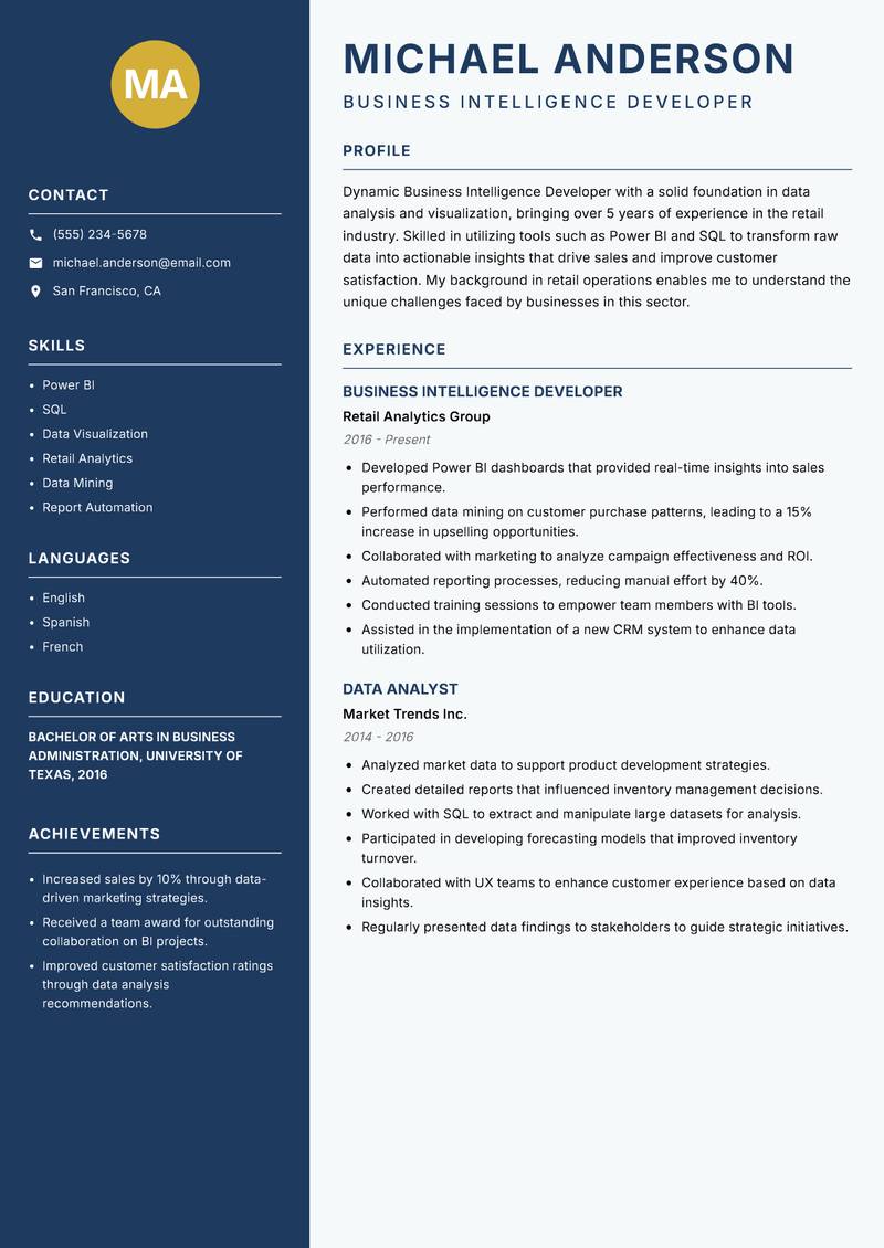 Business Intelligence Developer resume template — Classic Clean