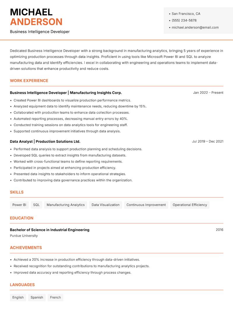 Business Intelligence Developer resume template — Modern Professional