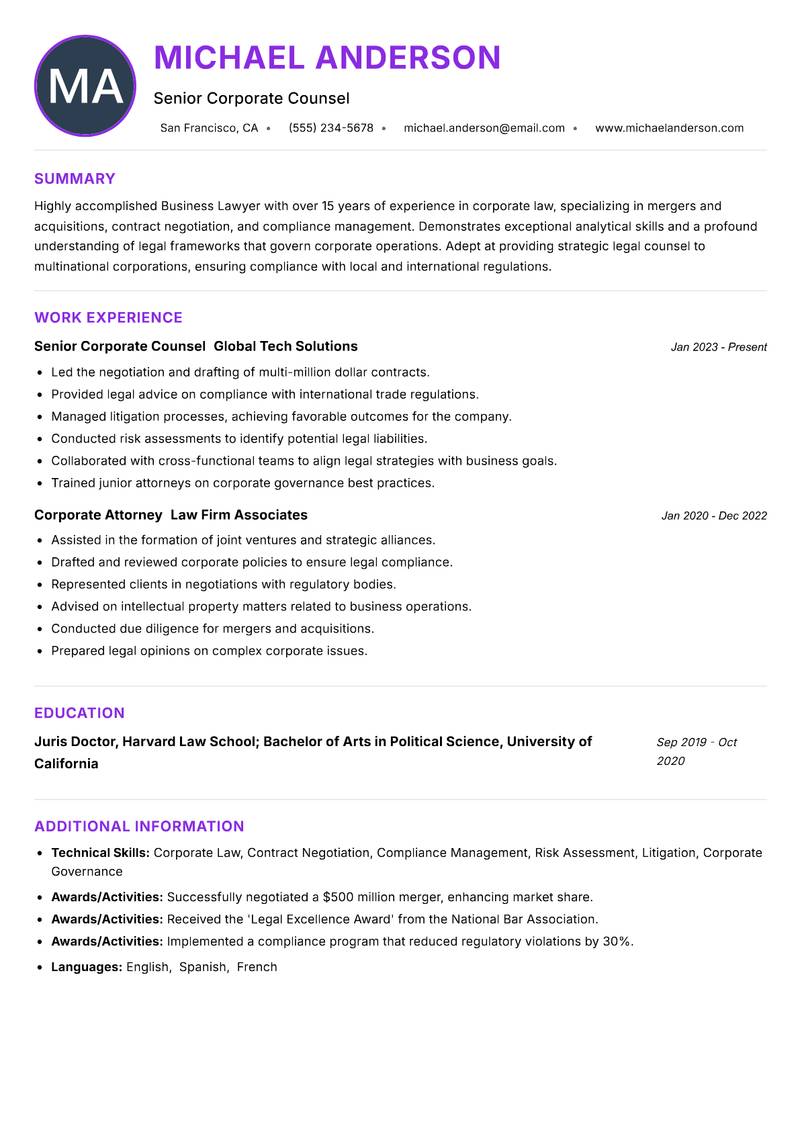Business Lawyer resume example — ATS-friendly template