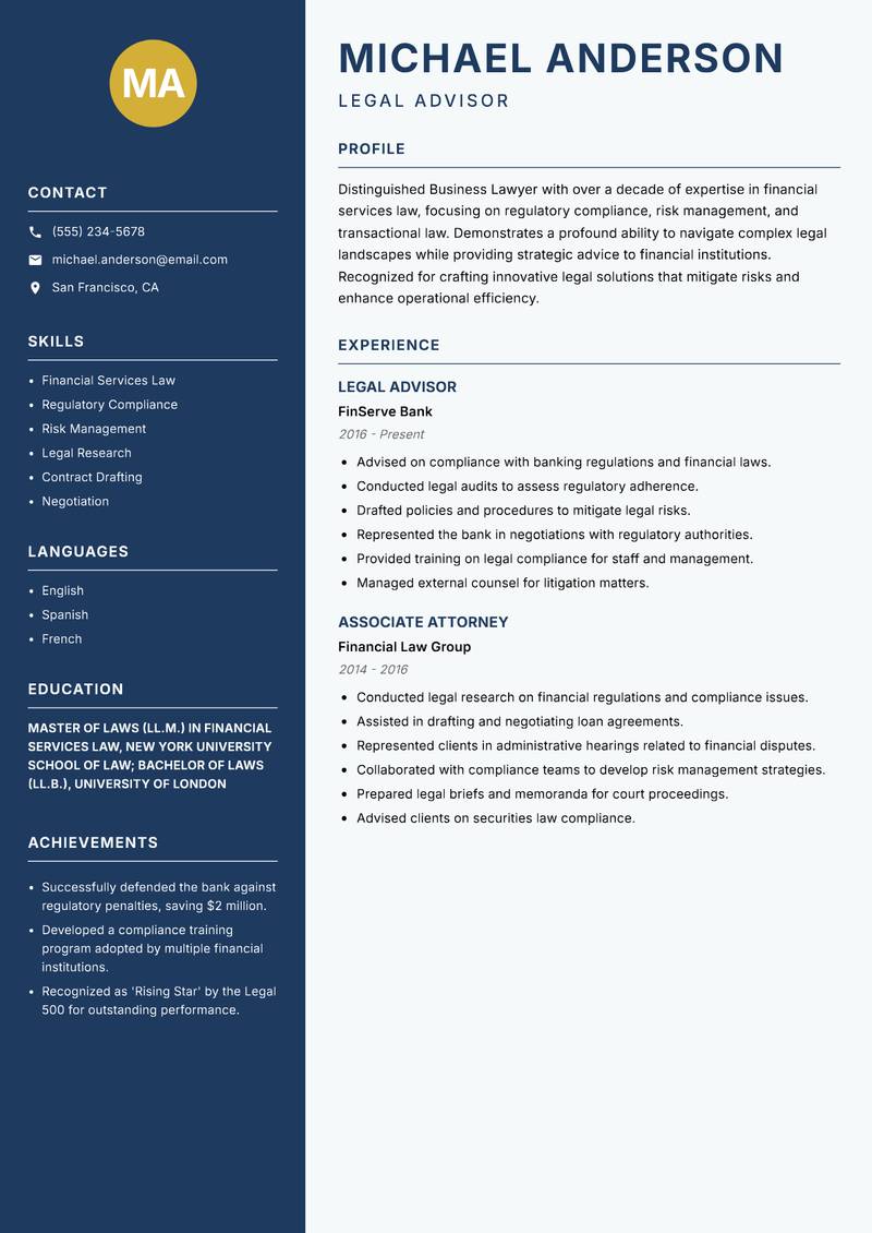 Business Lawyer resume template — Classic Clean
