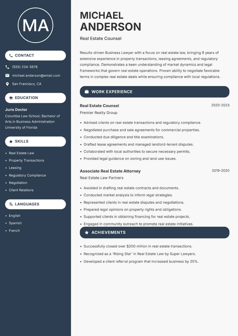 Business Lawyer resume template — Compact