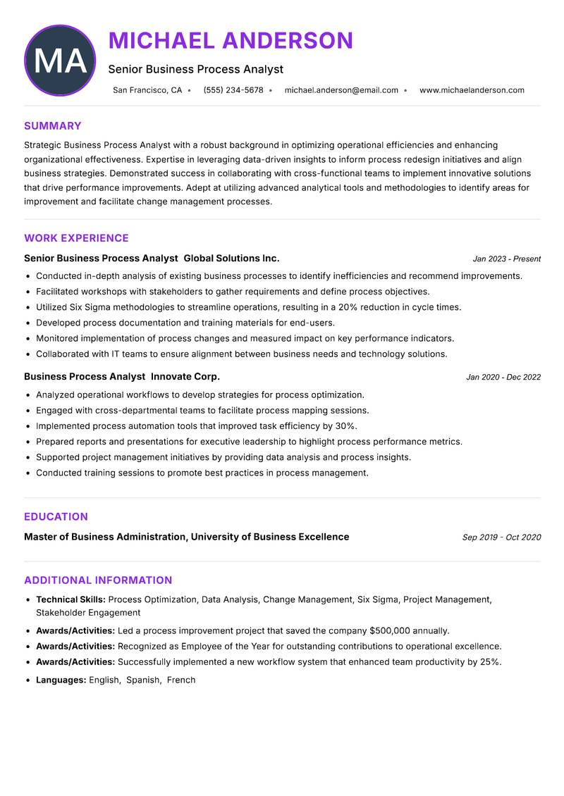 Business Process Analyst resume example — ATS-friendly template