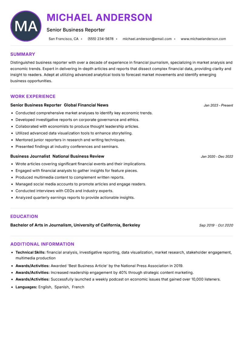 Business Reporter resume example — ATS-friendly template