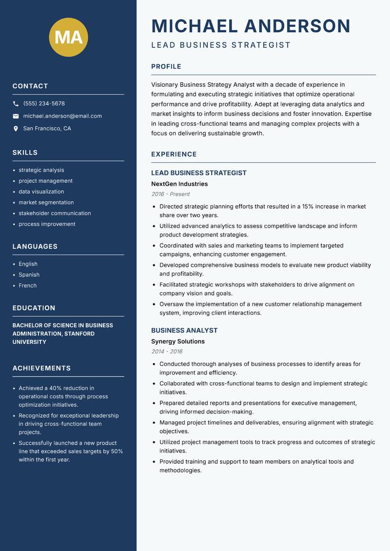 Business Strategy Analyst resume template — Classic Clean