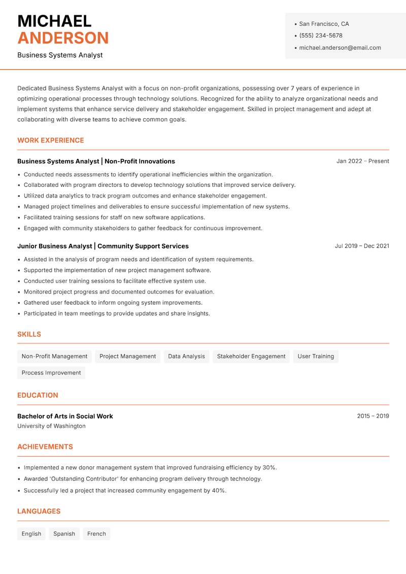 Business Systems Analyst resume template — Modern Professional