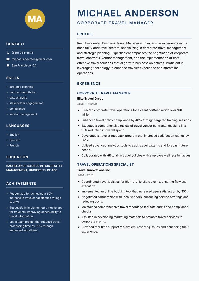 Business Travel Manager resume template — Classic Clean