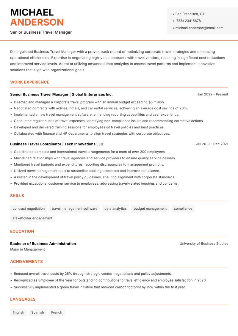 Business Travel Manager resume template — Modern Professional