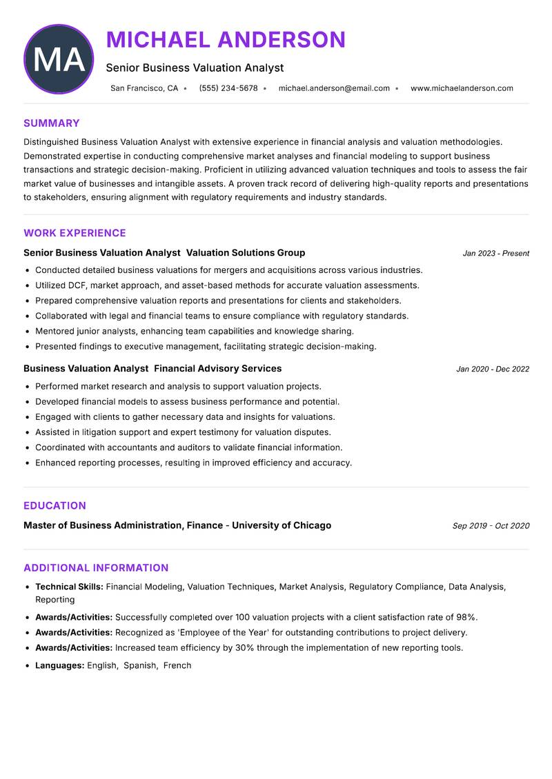 Business Valuation Analyst resume example — Corporate Finance