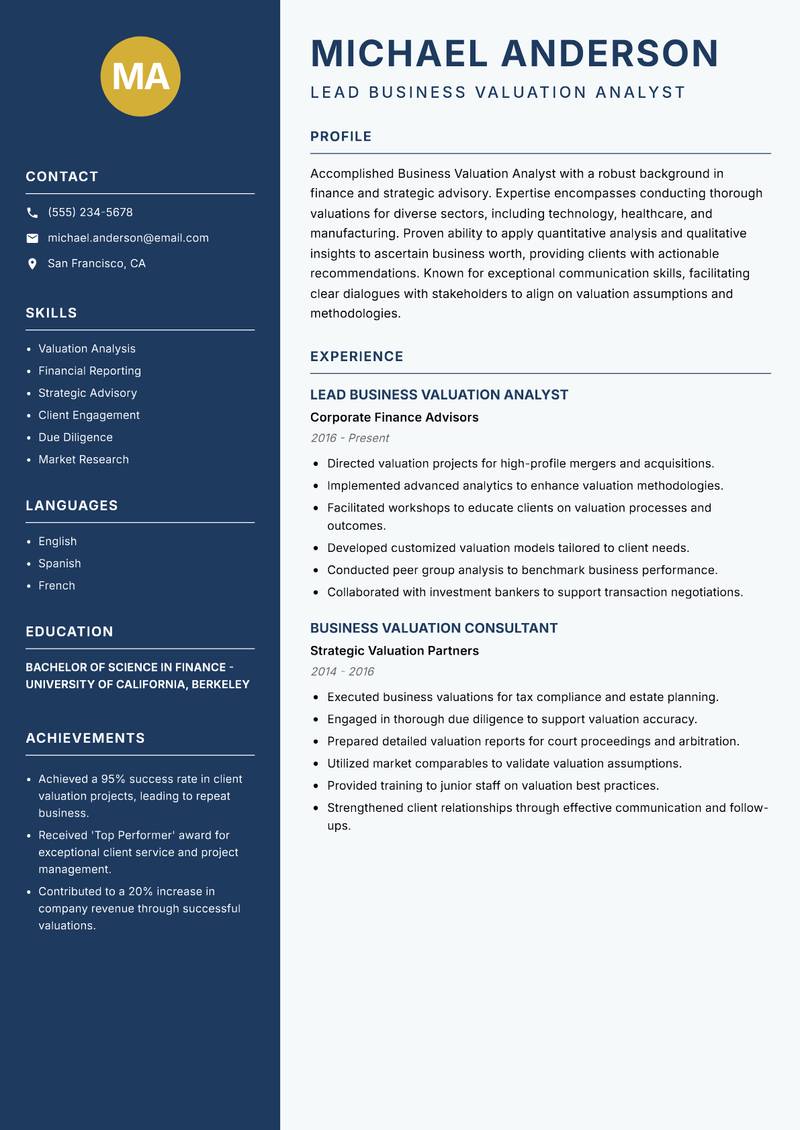 Business Valuation Analyst resume template — Classic Clean